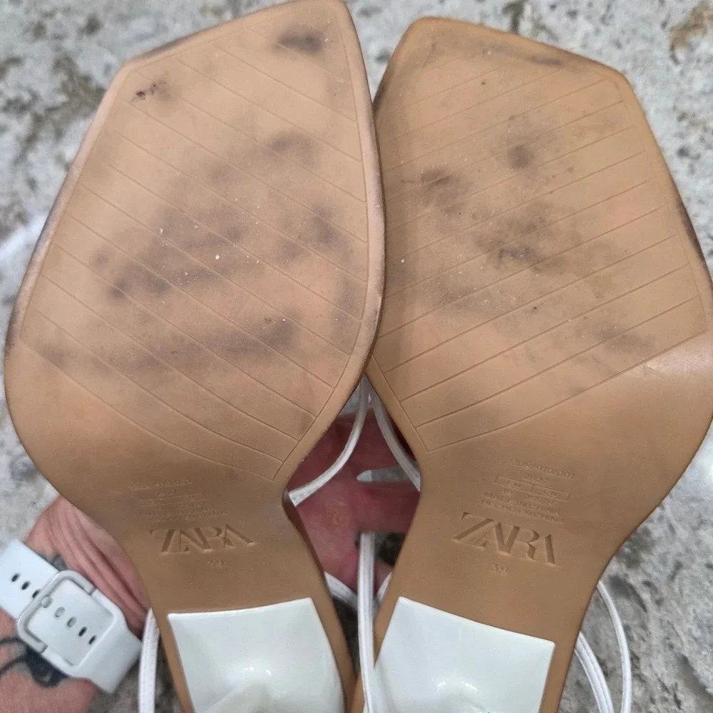Zara‎ White Heeled Sandals Square Toe Ankle Strap Minimalist Size 39 - Picture 10 of 12